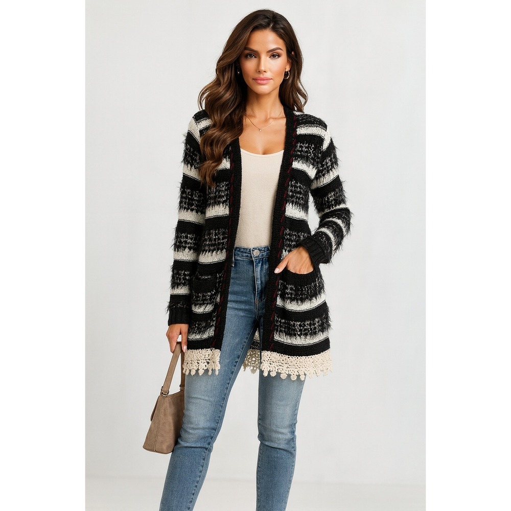 BKE Boutique Cardigan Womens L Black Fuzzy Fringe Crochet Whimsigoth Boho Shaggy